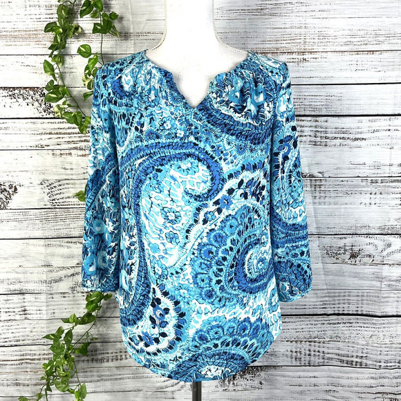Talbots Blouse Top size Extra Small Blue Paisley Smocking Prairie Boho Peasant - Picture 1 of 11